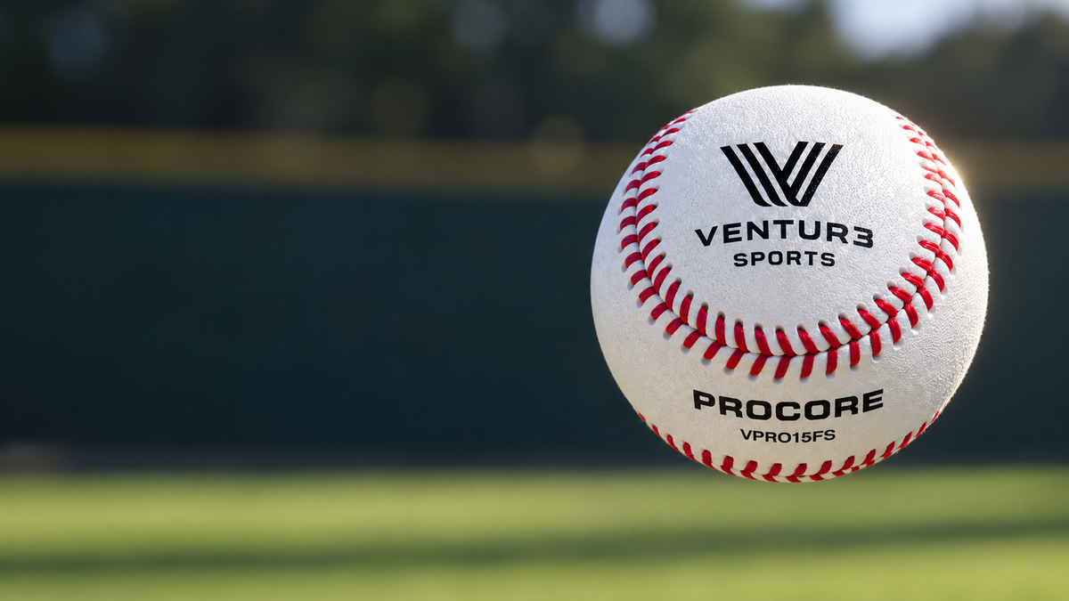 VPRO15FS baseball in mid air against a blurred tournament outfield