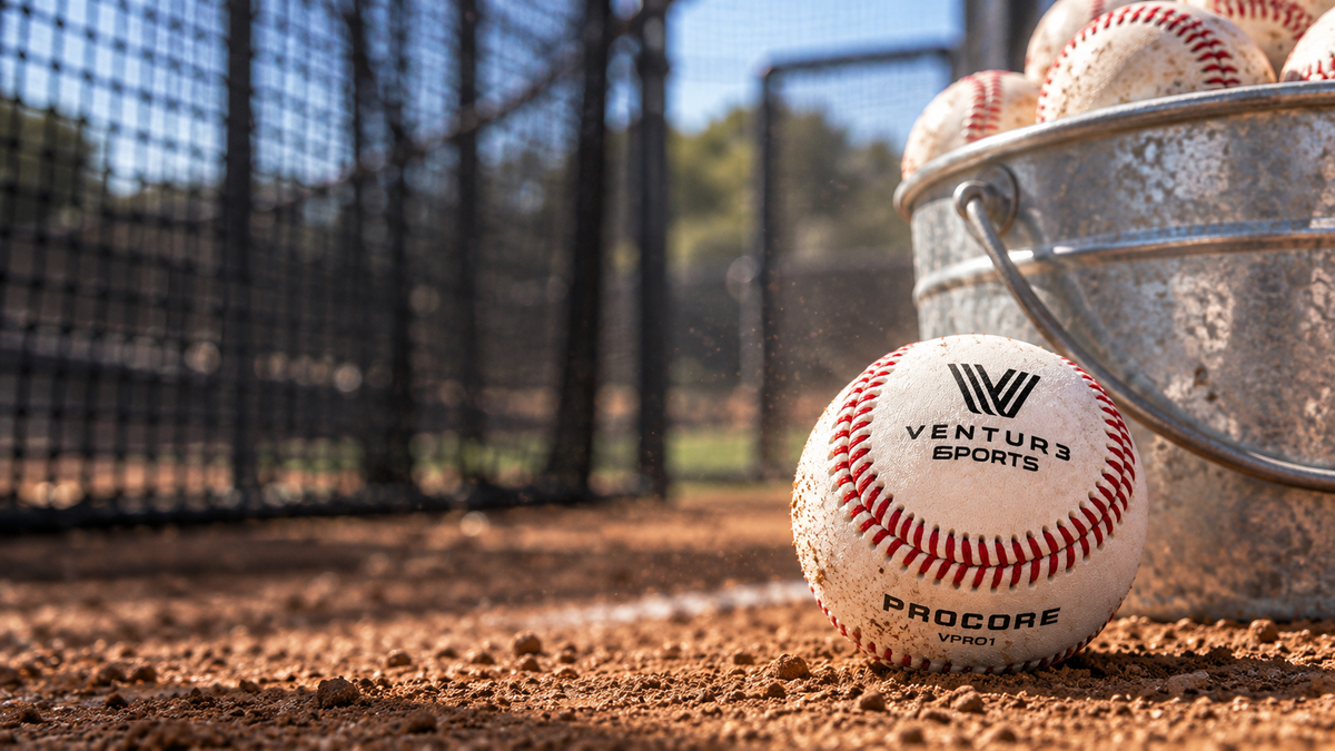A bucket of VPRO1 baseballs on the dirt beside a batting cage