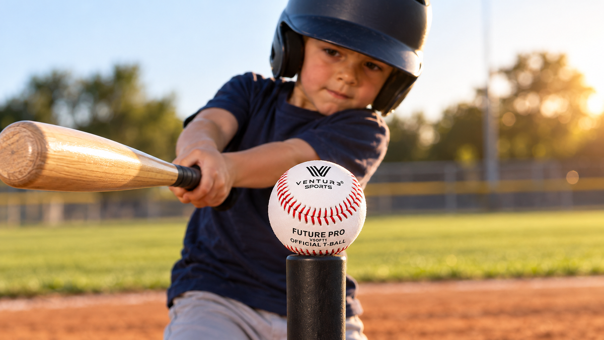 A young player swinging at a Ventur3 Sports VSOFT1 Future Pro T-ball on a batting tee