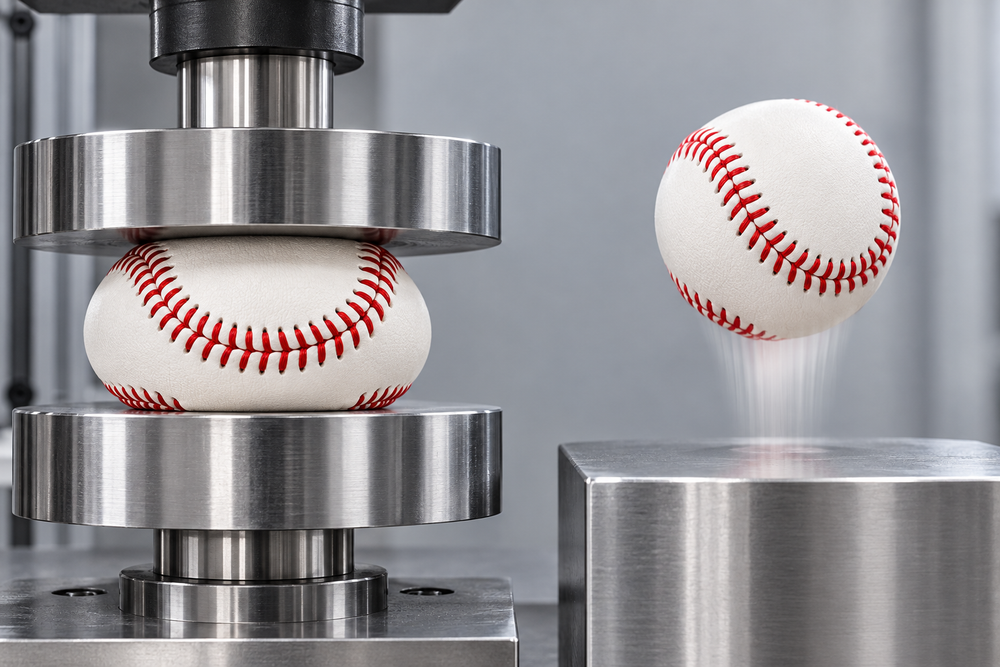 A baseball in a compression tester next to a baseball rebounding off a steel block