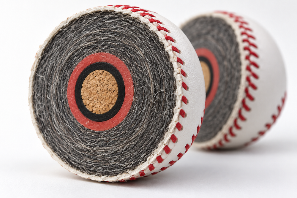 A baseball cut in half showing the cork center, rubber layers and wool windings