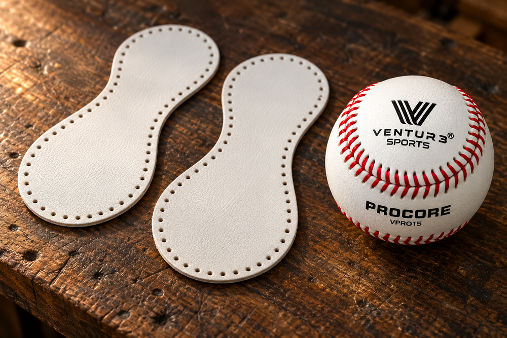 Two leather baseball cover pieces next to a finished Ventur3 Sports VPRO15 baseball