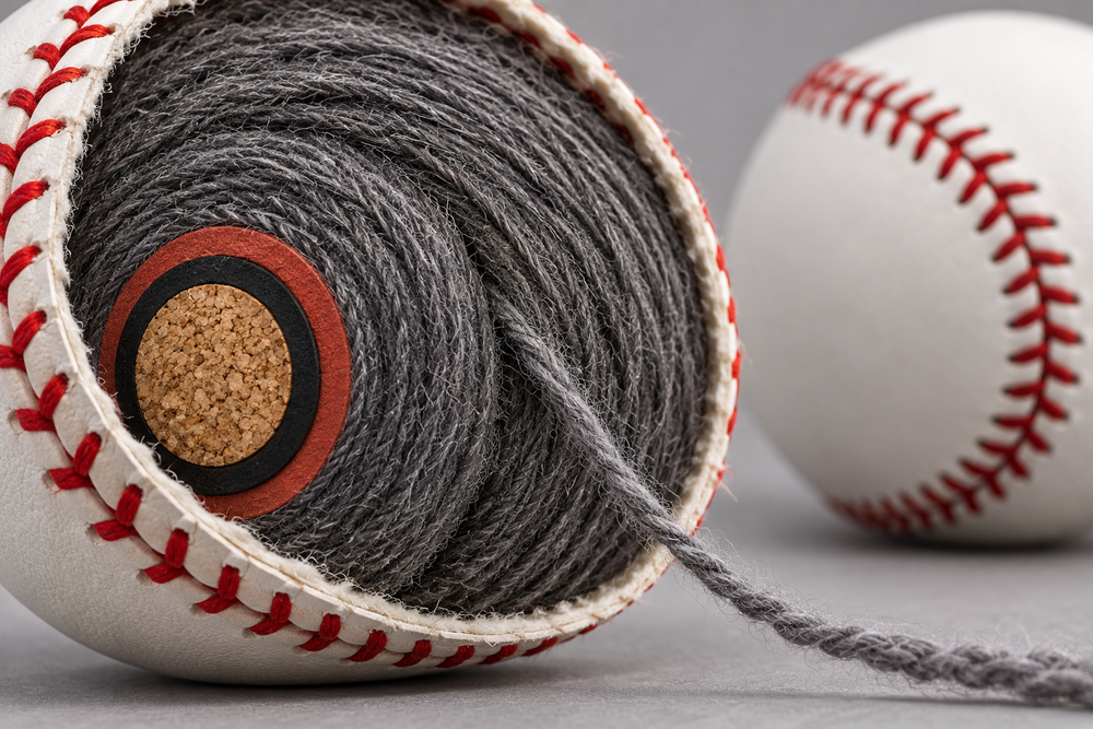 Tightly wound wool yarn inside a cut-open baseball