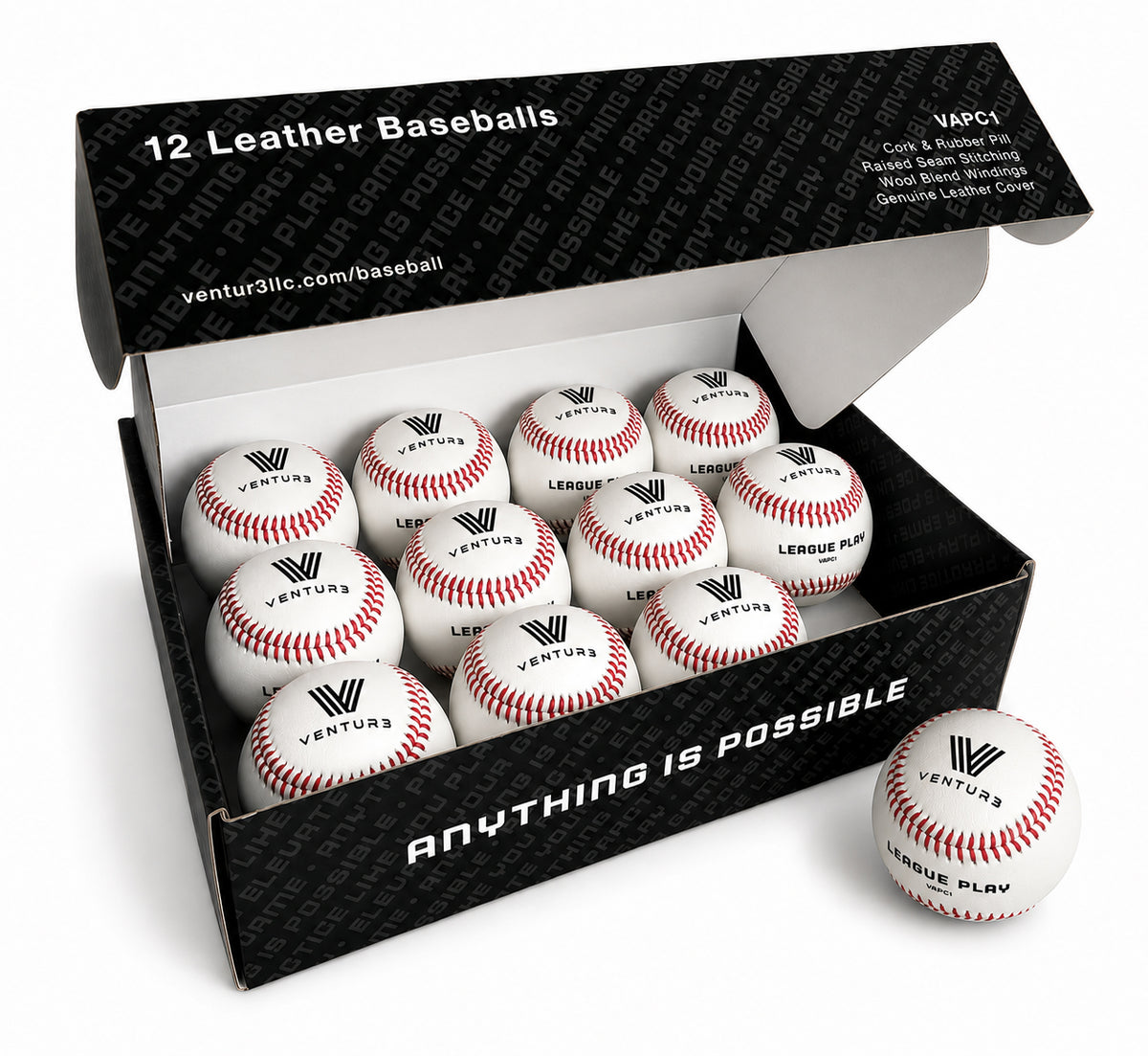 Ventur3 Sports VAPC1 League Play baseball, carton open