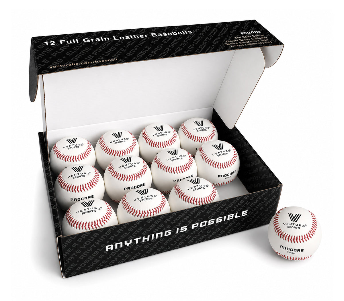 Ventur3 Sports VPRO15 raised seam baseball, carton open