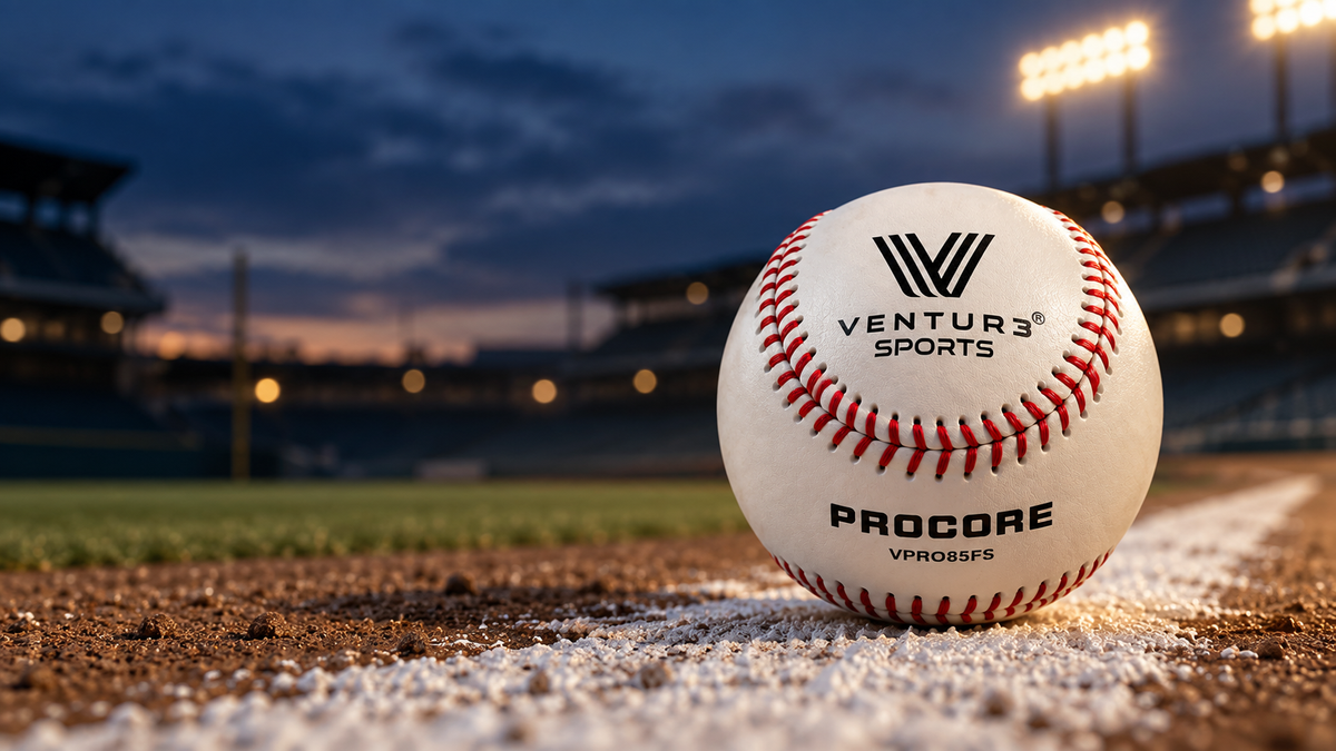 VPRO85FS baseball resting on the chalked foul line of a ballpark at dusk