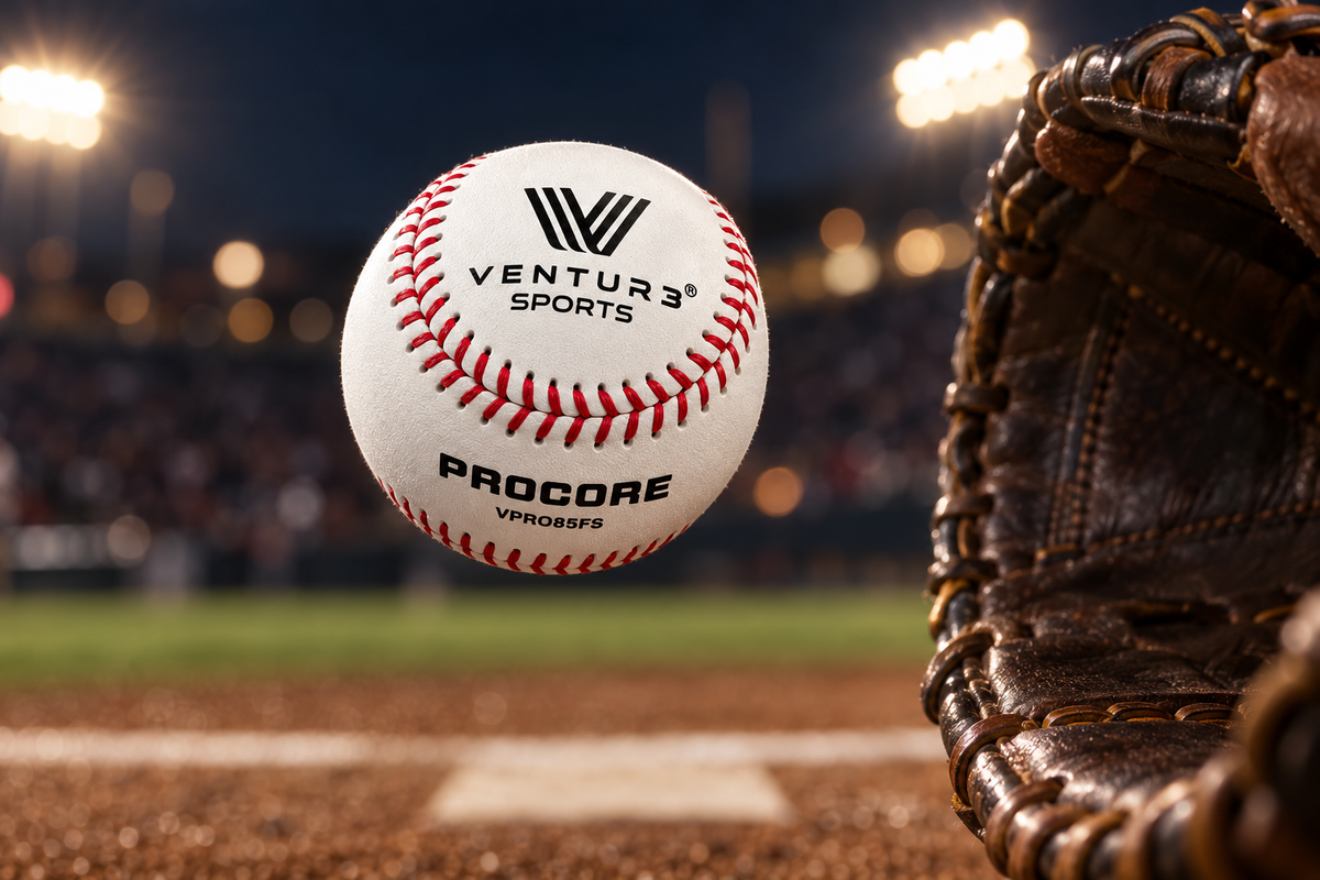 VPRO85FS baseball an instant before it reaches a catcher's mitt under floodlights