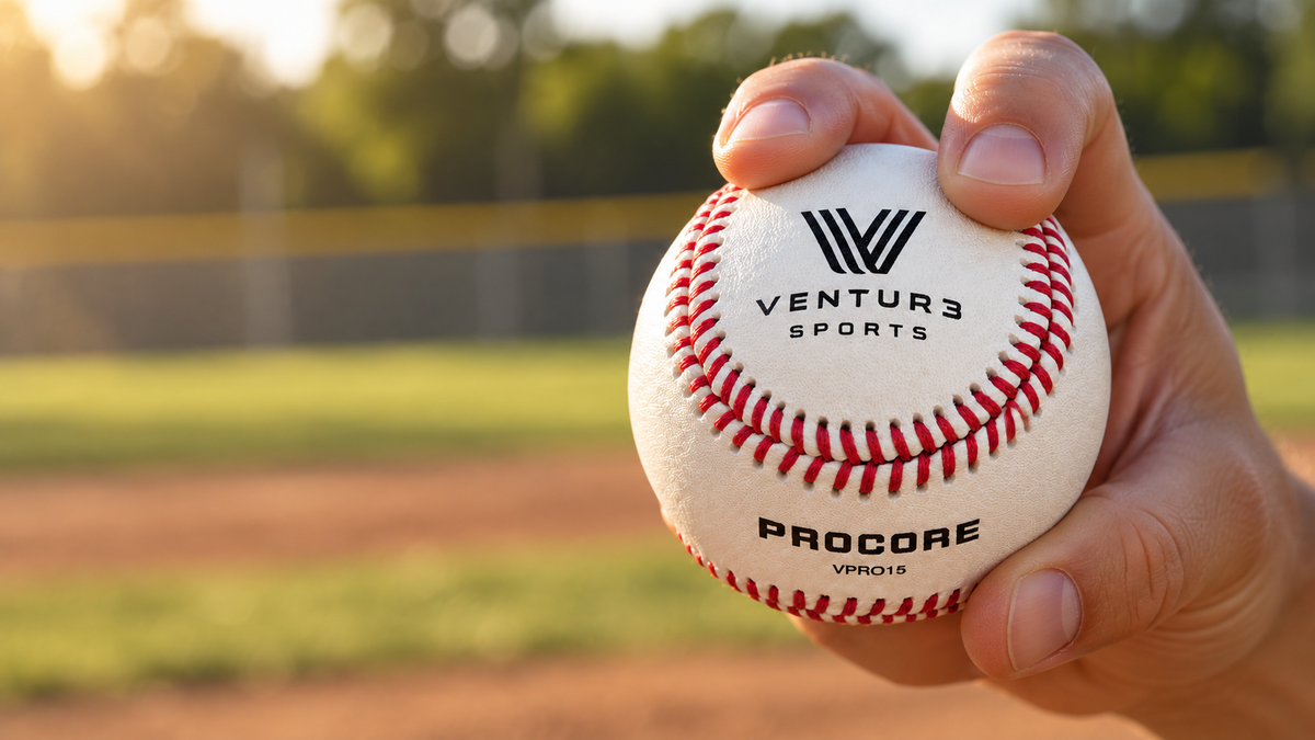 VPRO15 baseball held in a four seam grip on a sunlit ballfield