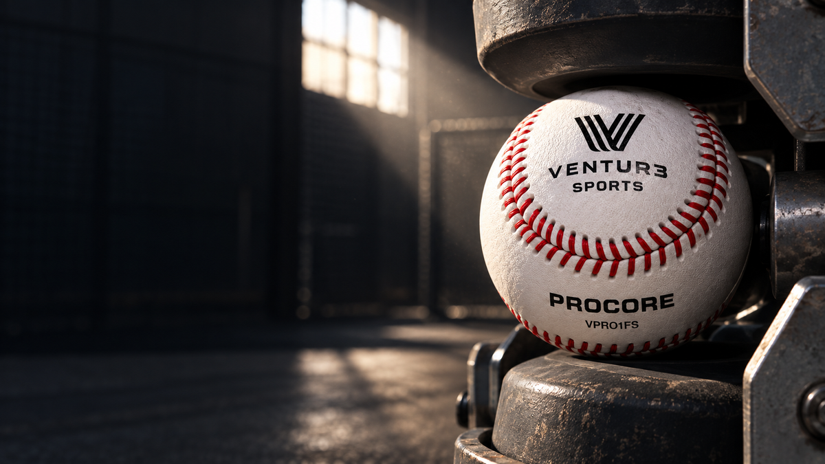 A VPRO1FS baseball in the feed wheel of a pitching machine