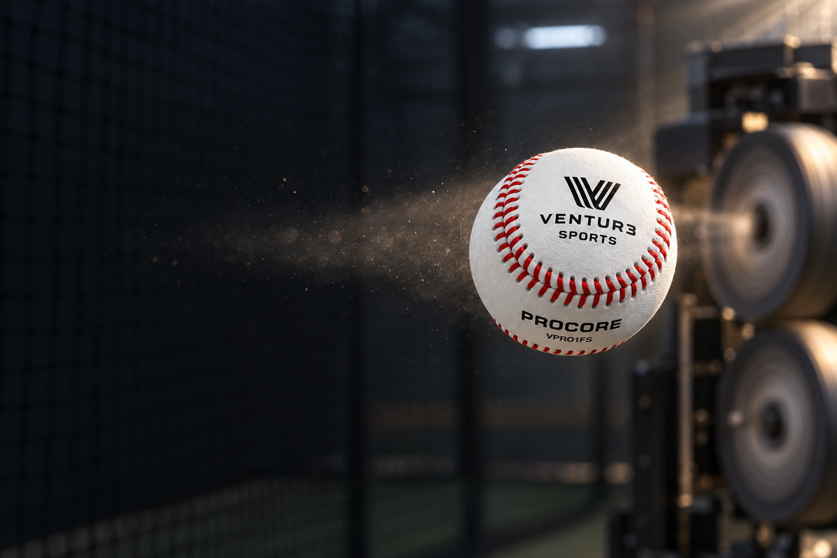 A VPRO1FS baseball a moment after leaving a pitching machine