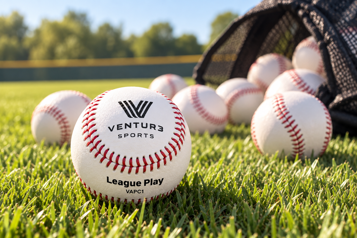 VAPC1 baseballs scattered across sunlit outfield grass beside a ball bag