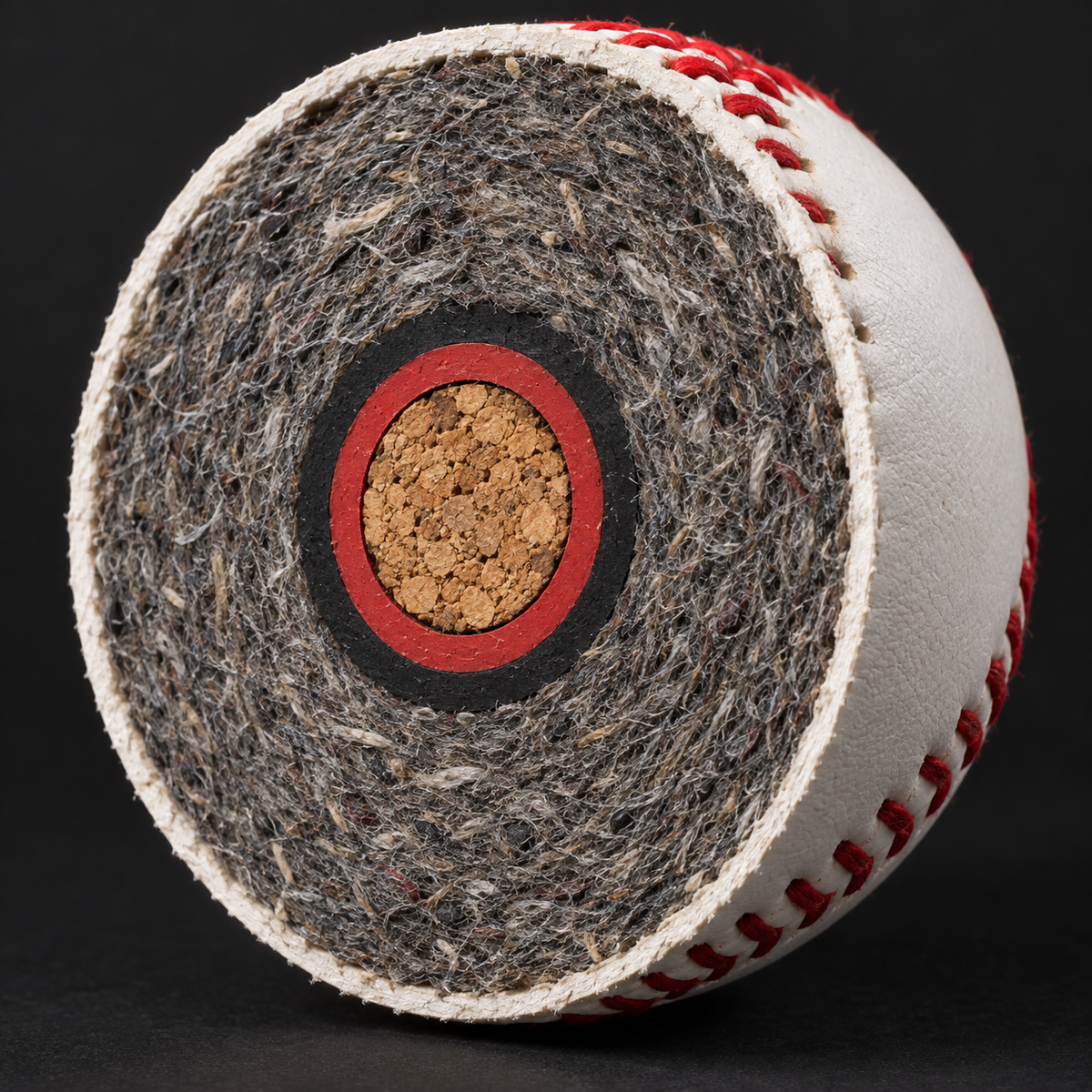 A baseball cut in half showing the cork center, red and black rubber rings, wool windings and leather cover