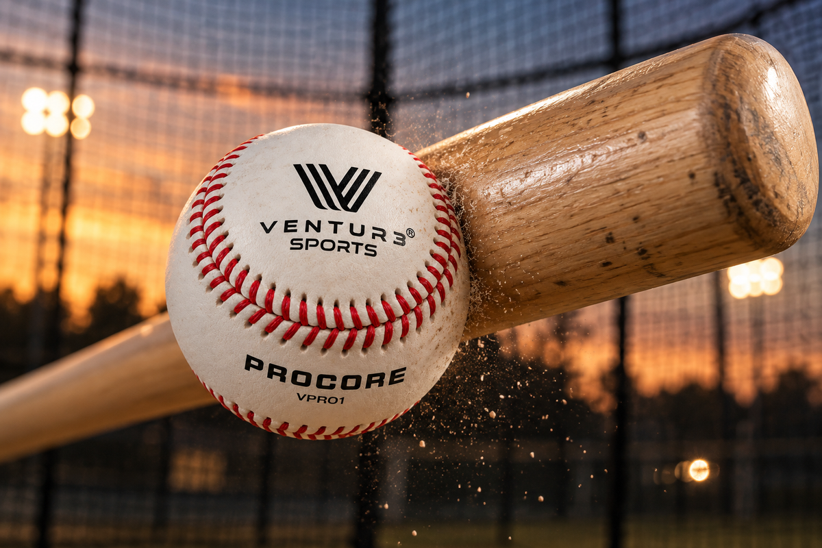 A VPRO1 baseball struck squarely on the barrel of a wooden bat in a batting cage at dusk