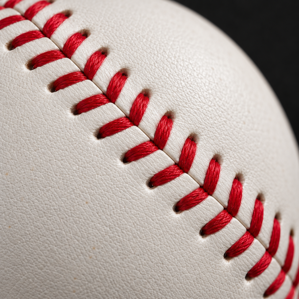 Close-up of the low seam on a full grain leather baseball, stitches sitting almost flush with the cover