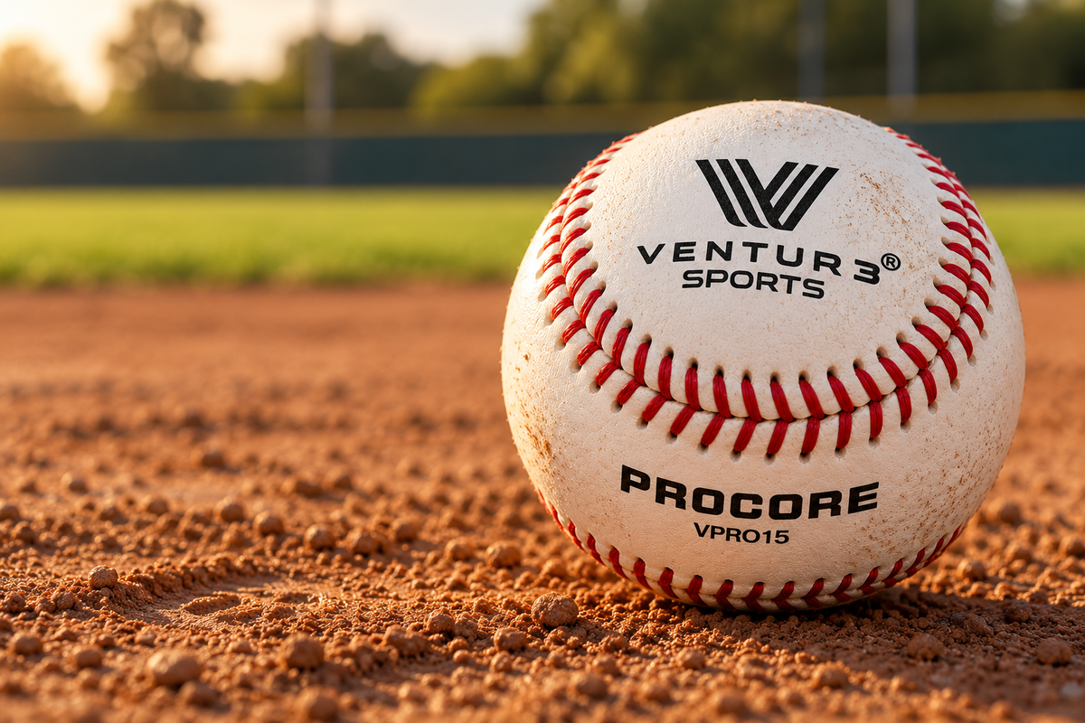 A Ventur3 Sports baseball on the infield dirt